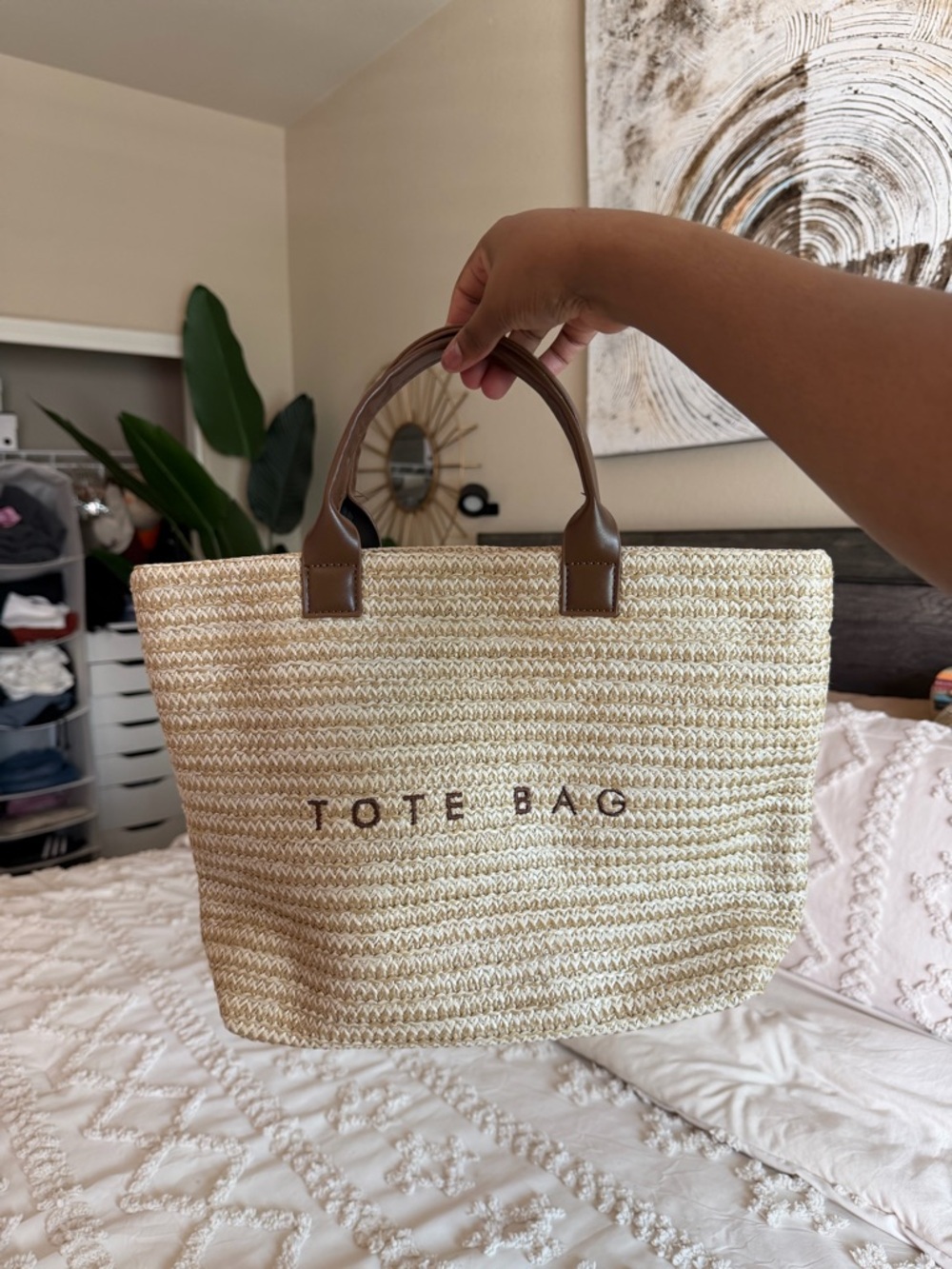 Straw Tote Bag with Brown Handles - TOTE BAG